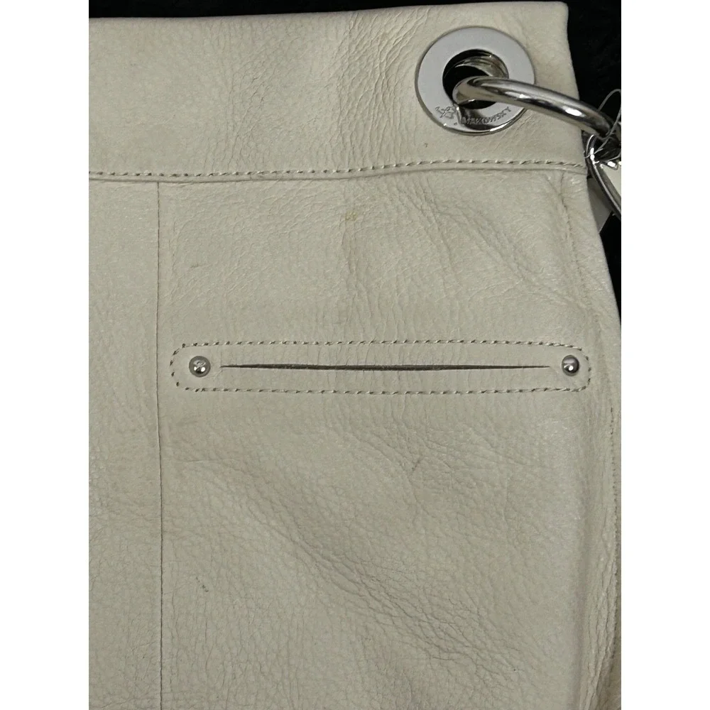 B Makowsky Beige Chartreuse Leather Crossbody Bag Silver Buckle and Keychain